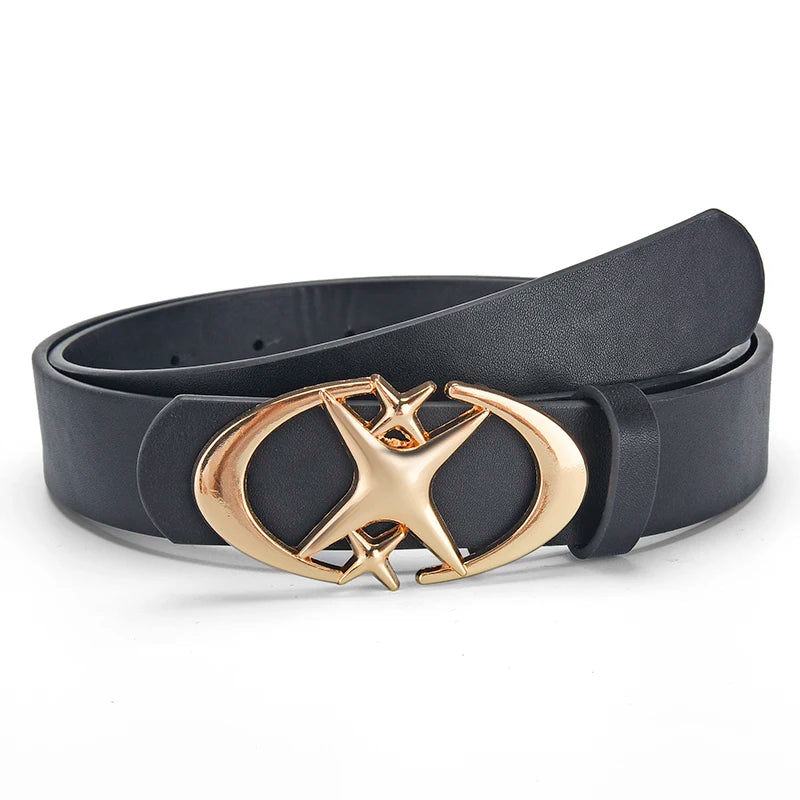 Y2K Gothic PU Leather Belt – Punk Star Cross Metal Buckle PU Leather Belt SWANS Golden buckle black 120cm