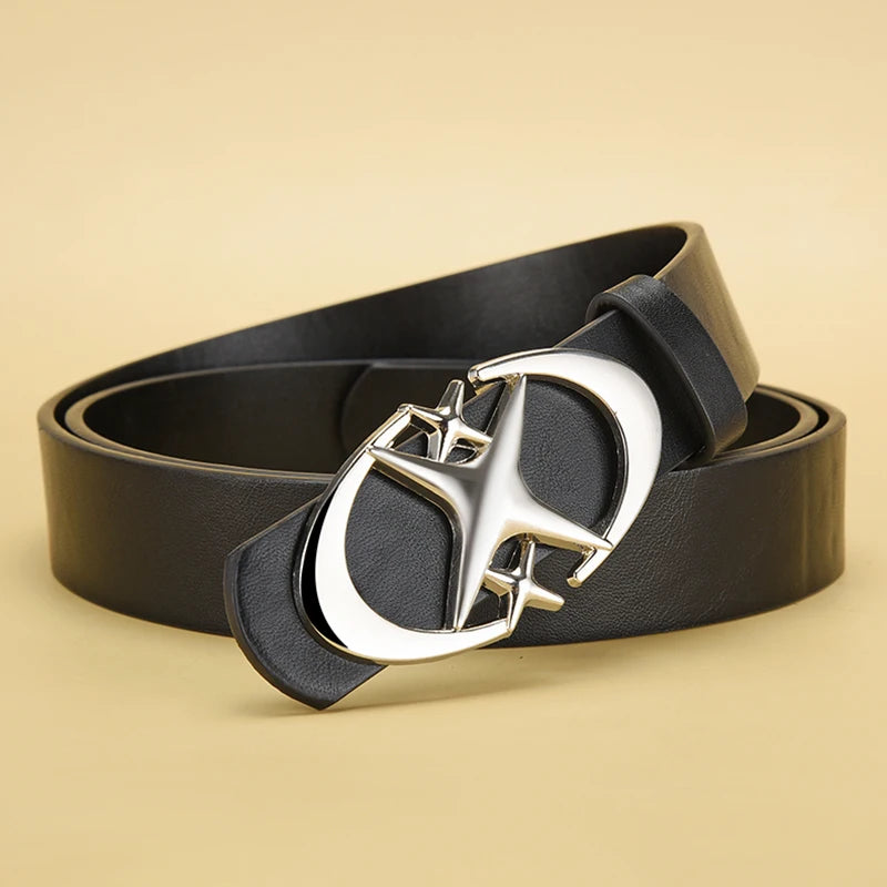 Y2K Gothic PU Leather Belt – Punk Star Cross Metal Buckle PU Leather Belt SWANS Silver buckle black 110cm