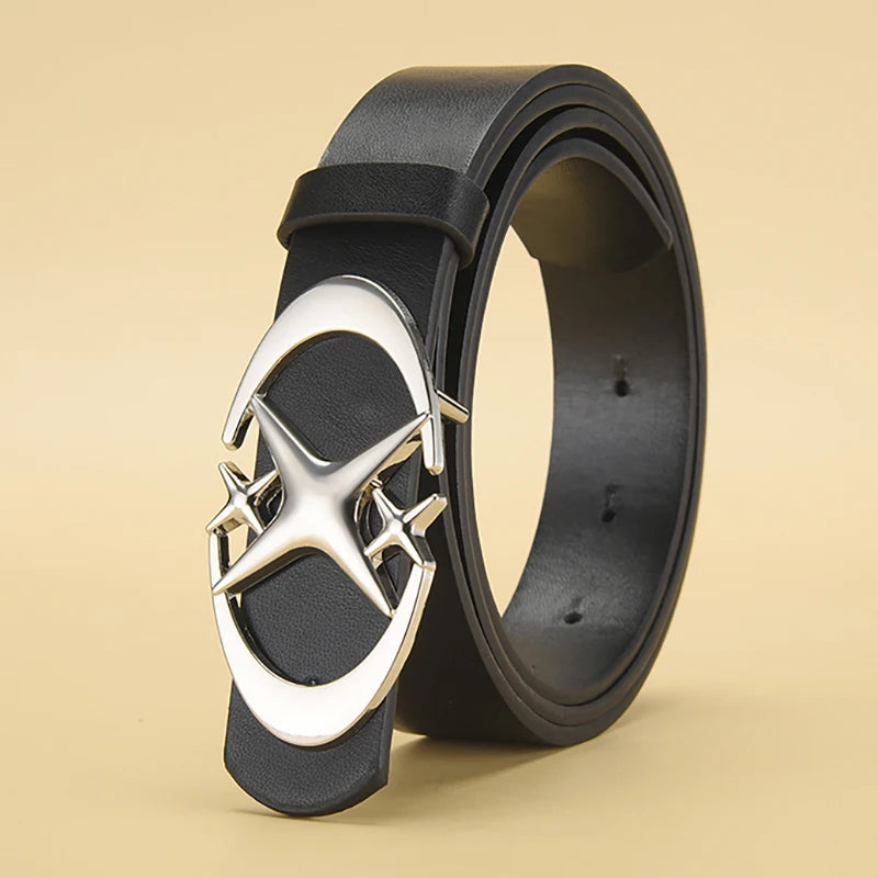 Y2K Gothic PU Leather Belt – Punk Star Cross Metal Buckle PU Leather Belt SWANS