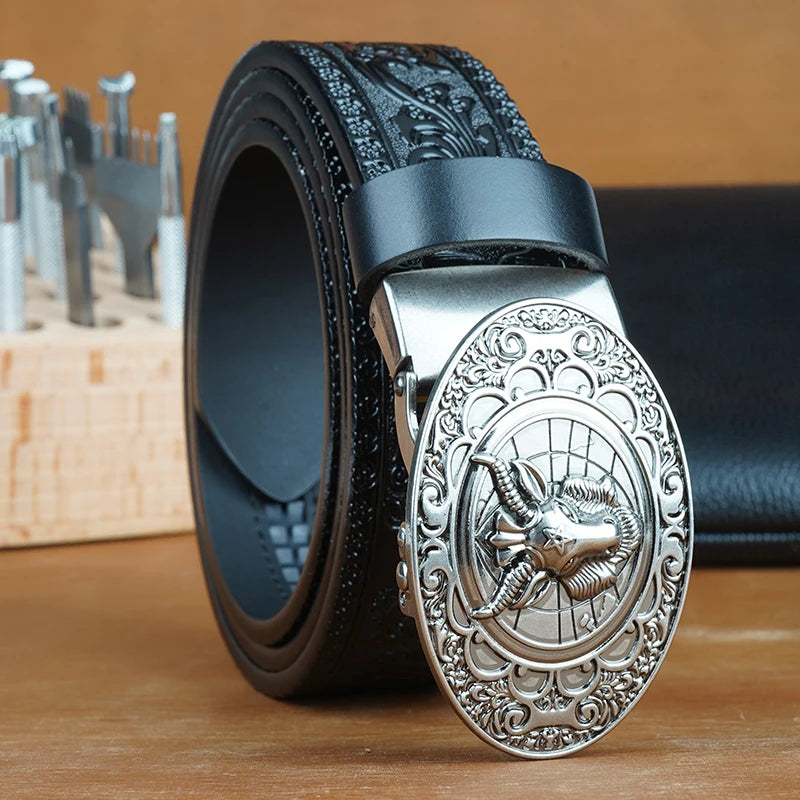 Men's Split Leather Ratchet Belt – Auto Adjustable Buckle Men's Leather Belt SWANS DC100 130cm Fit 38-44