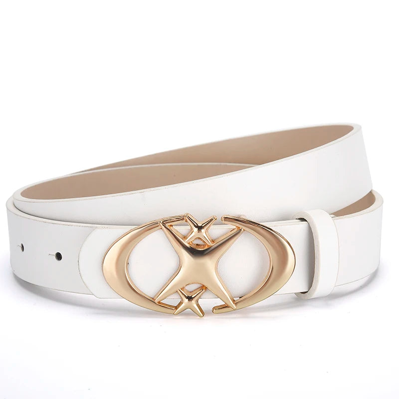 Y2K Gothic PU Leather Belt – Punk Star Cross Metal Buckle PU Leather Belt SWANS Golden buckle White 120cm