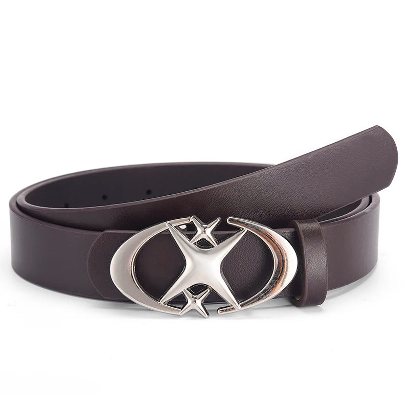 Y2K Gothic PU Leather Belt – Punk Star Cross Metal Buckle PU Leather Belt SWANS Silver buckle brown 110cm