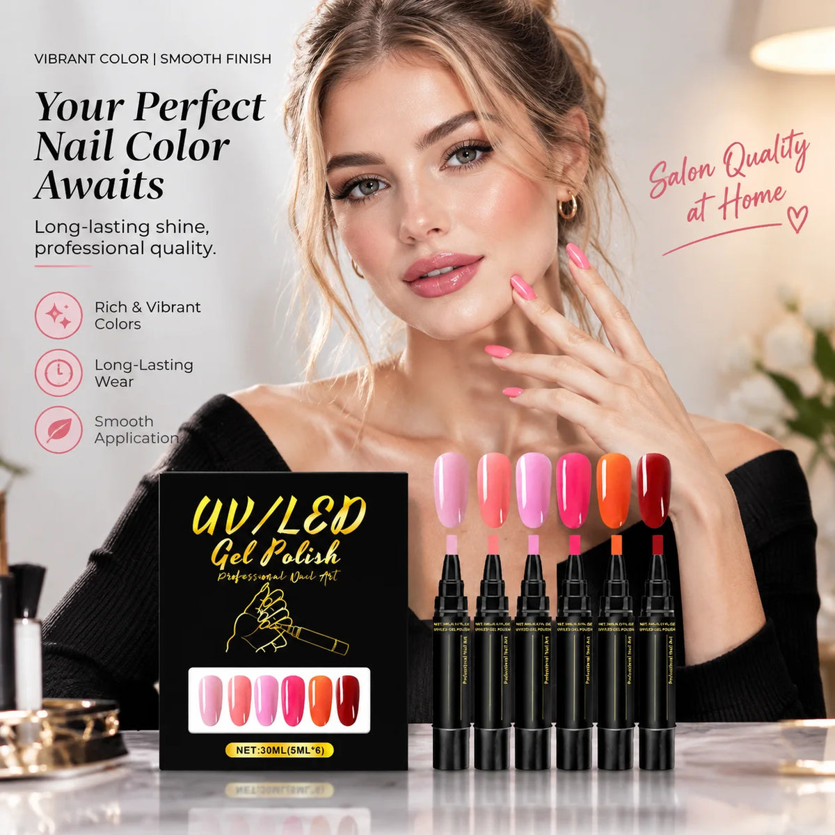 One-Step Gel Nail Polish Pen Set – 6 Colors UV LED Gel Gel Nail Polish Pen SWANS