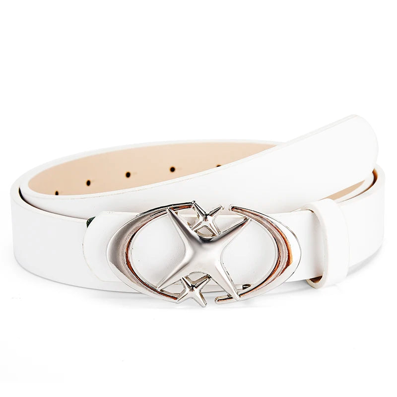 Y2K Gothic PU Leather Belt – Punk Star Cross Metal Buckle PU Leather Belt SWANS Silver buckle White 110cm