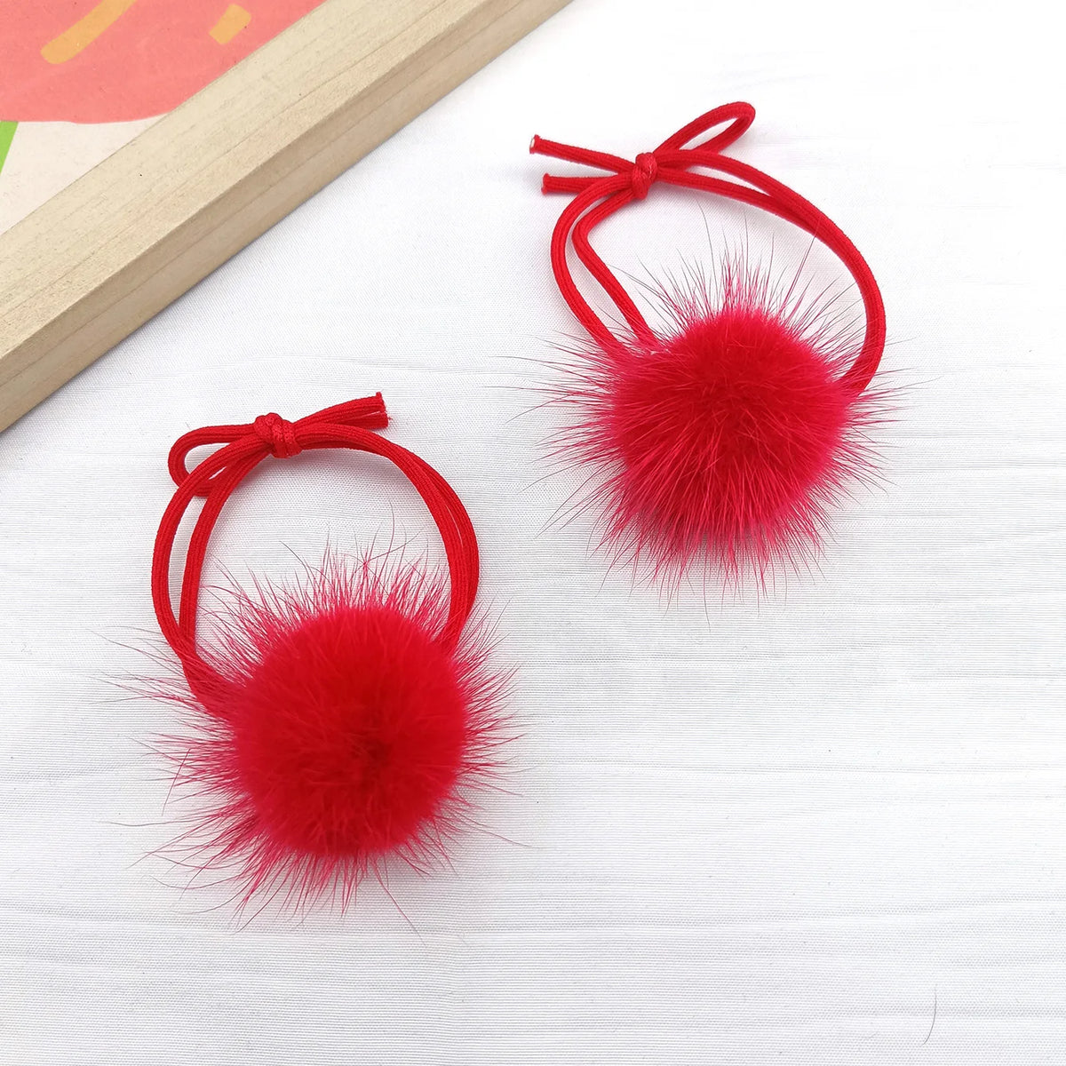 2-Pack Plush Pom-Pom Elastic Hair Ties for Women & Girls Elastic Hair Ties SWANS 2 PCS RED