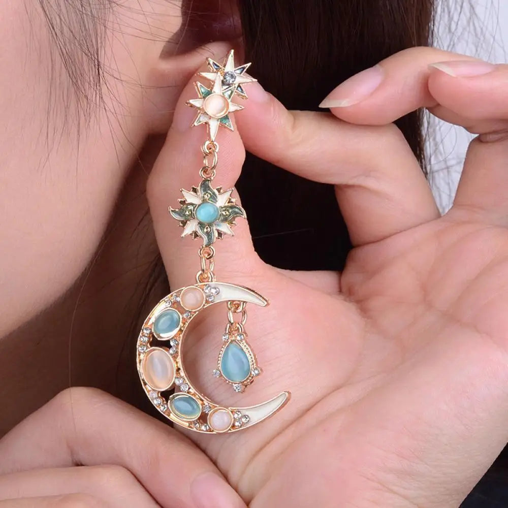 Sun & Moon Asymmetric Rhinestone Dangle Earrings for Women Dangle Drop Earrings SWANS