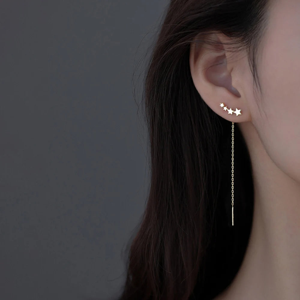Long Tassel Star Drop Earrings – 925 Sterling Silver & Zirconia Drop Tassel Earrings SWANS