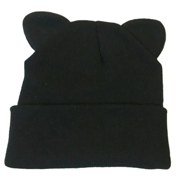 Cat Ear Beanie Knitted Winter Hat for Women & Girls Knitted Beanie Hat SWANS A Style black Elastic