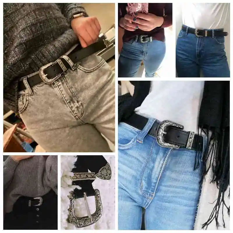 FAITOLAGI Women's Vintage Western Carved Pin Buckle PU Belt Women's Fashion Belt SWANS