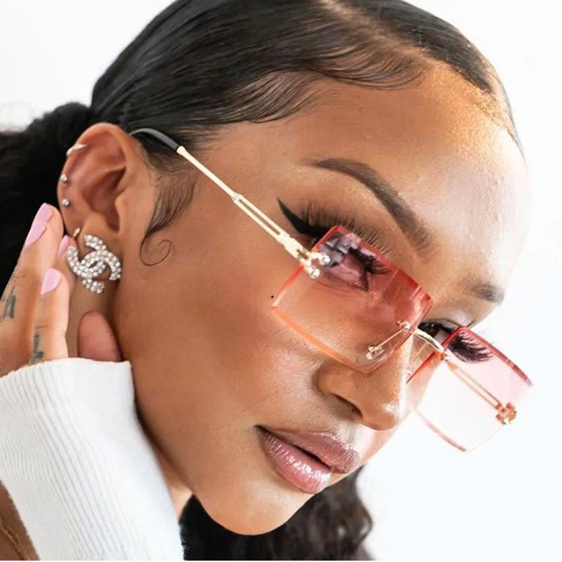 TOYEARN Rectangle Rimless Sunglasses UV400 Diamond Cut Women Fashion Sunglasses SWANS