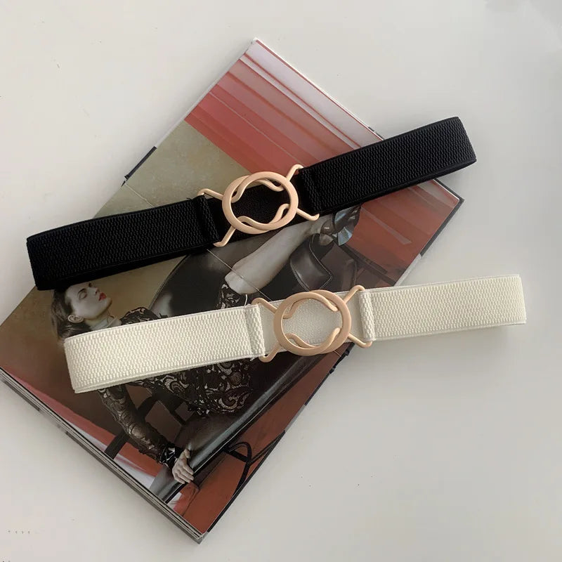 Women's Wide Elastic Belt – Gold Buckle | FAITOLAGI Women's Waist Belt SWANS
