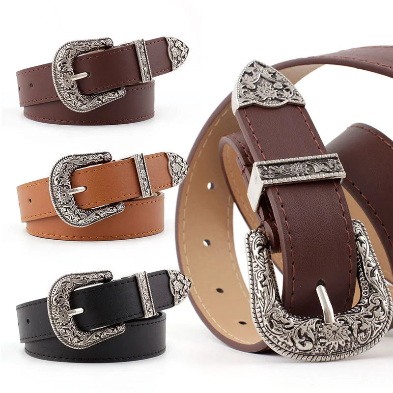 FAITOLAGI Women's Vintage Western Carved Pin Buckle PU Belt Women's Fashion Belt SWANS