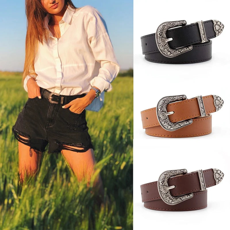 FAITOLAGI Women's Vintage Western Carved Pin Buckle PU Belt Women's Fashion Belt SWANS