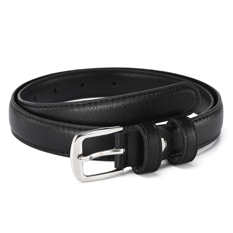 Women's Black PU Leather Thin Belt | Silver Pin Buckle Women's Leather Belt SWANS