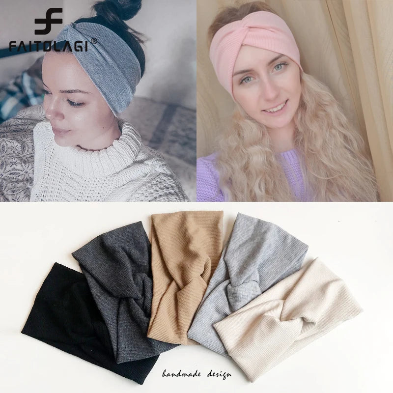 Women's Wide Turban Headband – Cotton Knit Cross Knot Hairband Turban Headband SWANS