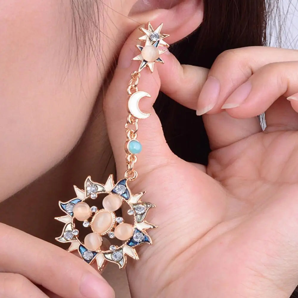 Sun & Moon Asymmetric Rhinestone Dangle Earrings for Women Dangle Drop Earrings SWANS