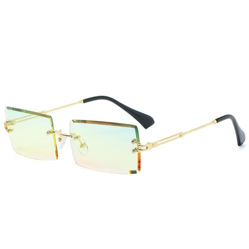 TOYEARN Rectangle Rimless Sunglasses UV400 Diamond Cut Women Fashion Sunglasses SWANS Gold Yellow Pink