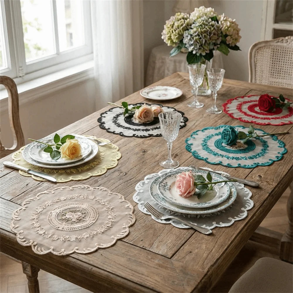 Vintage Lace Embroidered Table Doily – White Round Placemat Lace Table Doily SWANS