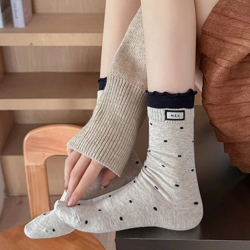 Women's Frilly Dot Cotton Socks – Soft Breathable Preppy Style Women's Fashion Socks SWANS
