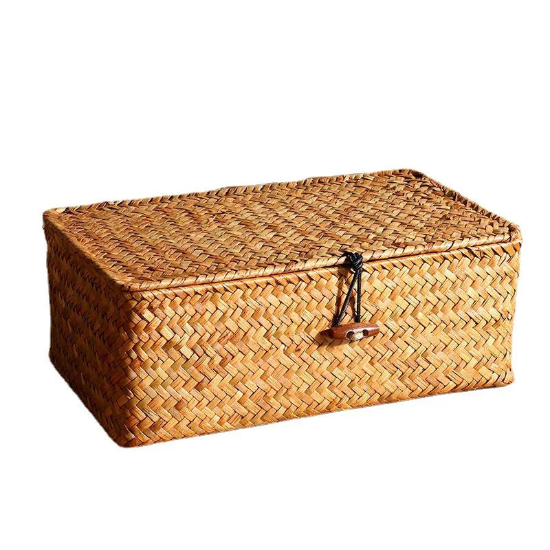 Woven Bamboo Covered Storage Basket – Boho Vintage Desk Organizer Woven Storage Basket SWANS Orange