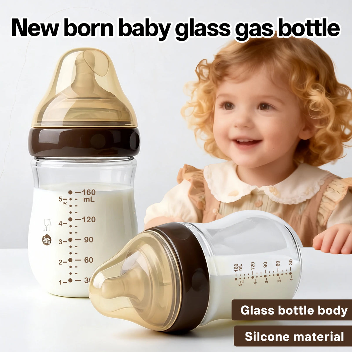SWANS Glass Baby Bottle Wide Neck Anti-Colic Silicone Nipple 160ml Glass Baby Bottle SWANS