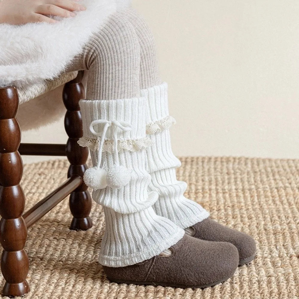 Girls Knitted Leg Warmers Bow Pompom Cotton – Ages 3–12 Girls Leg Warmers SWANS White