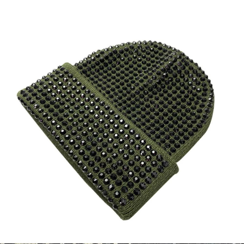 Y2K Rhinestone Knit Beanie Hat – Stretchy Shiny Cap Men & Women Knit Beanie Hat SWANS Green