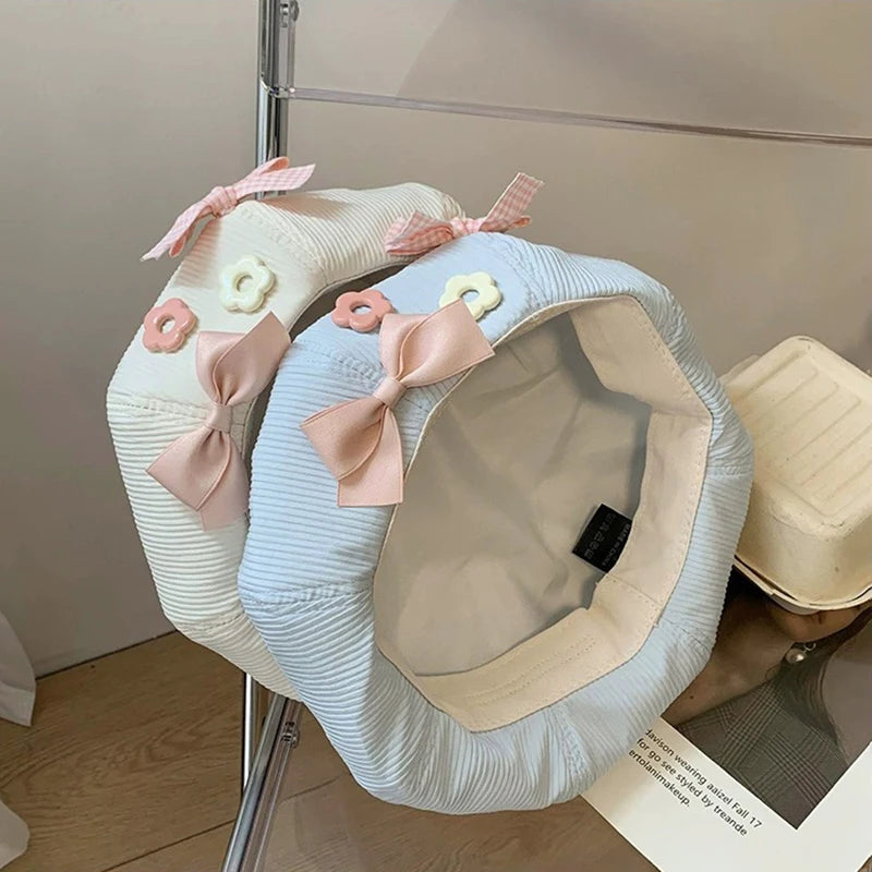 Women's Cotton Beret Hat – Bow Flower Button Octagonal Cap Women's Beret Hat SWANS