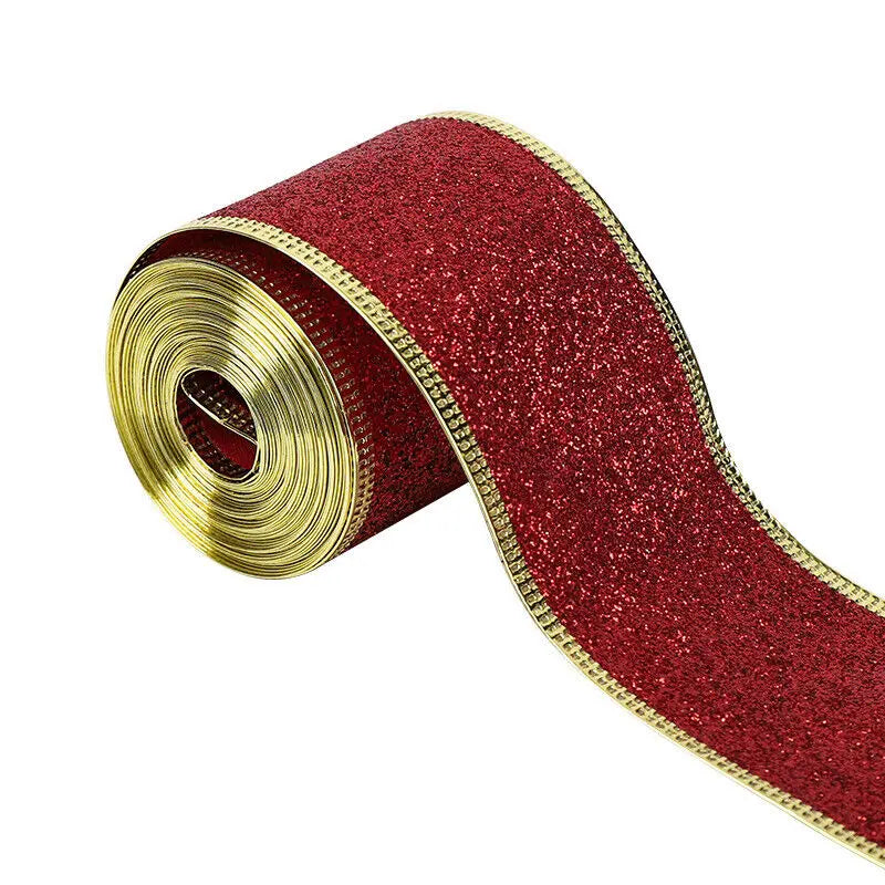 Wired Edge Glitter Ribbon 10 Yards – Christmas Craft Decoration Craft Ribbon SWANS Red