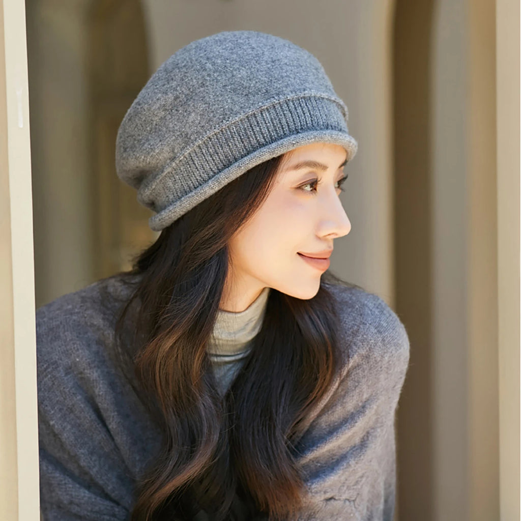 Women's Winter Knit Beret Beanie Hat – Warm Rolled Edge Cap Knit Beanie Hat SWANS