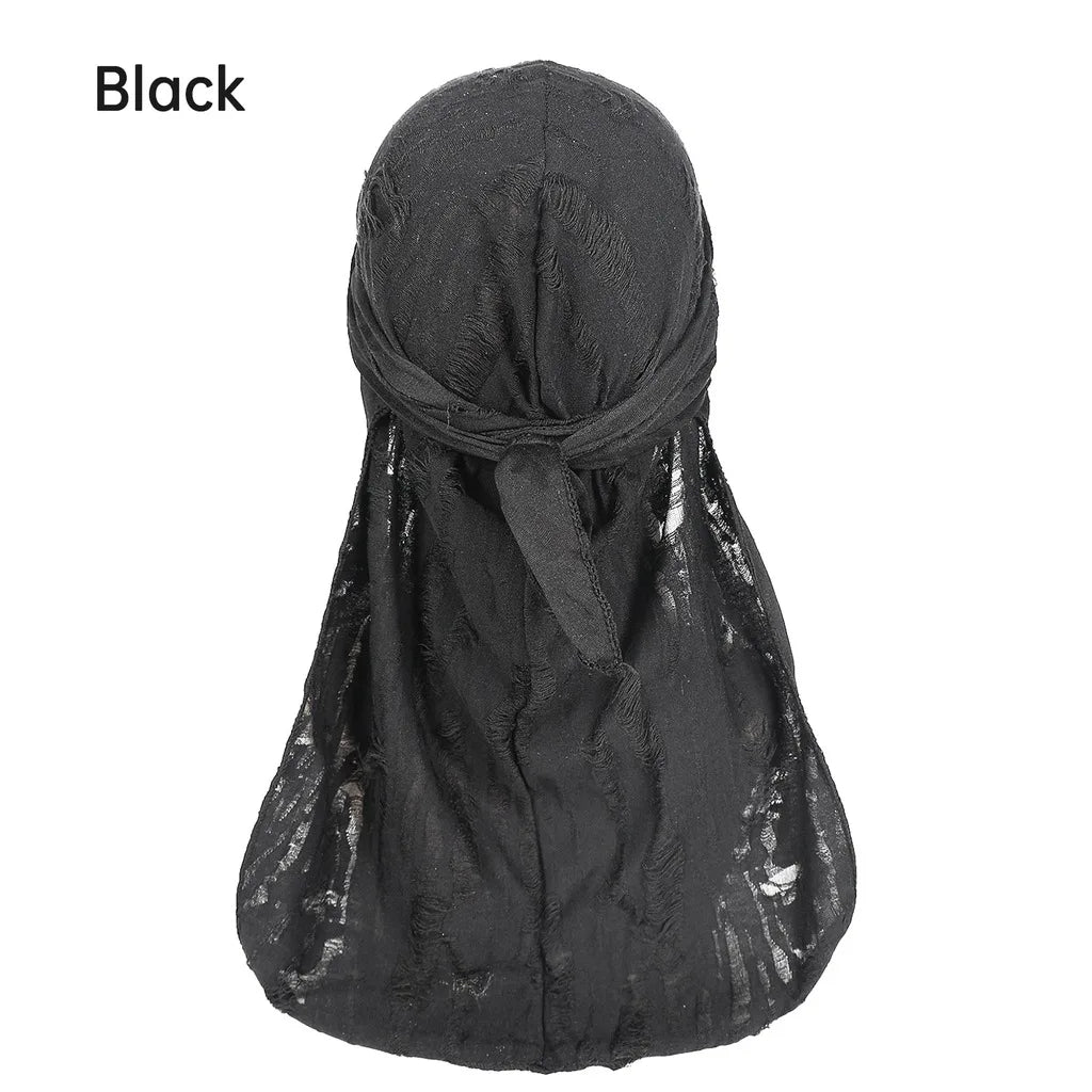 Distressed Pirate Skull Cap Durag Brimless Beanie – 9 Colors Skull Cap Durag SWANS Black