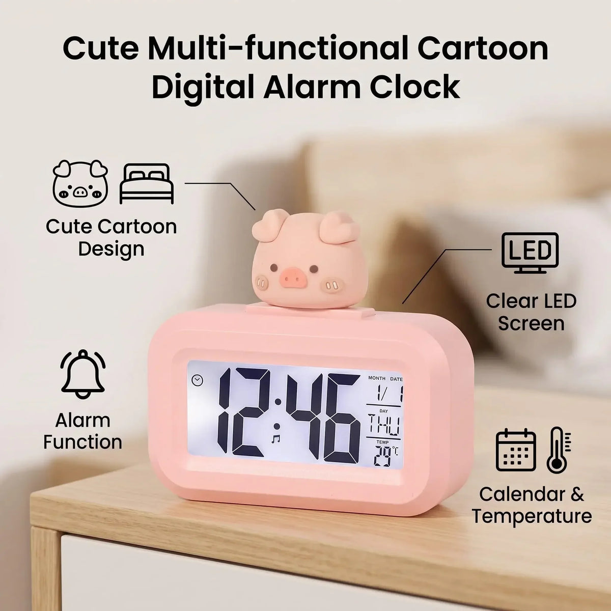 Cute Pig LED Digital Alarm Clock – Snooze, Temp & Calendar LED Alarm Clock SWANS