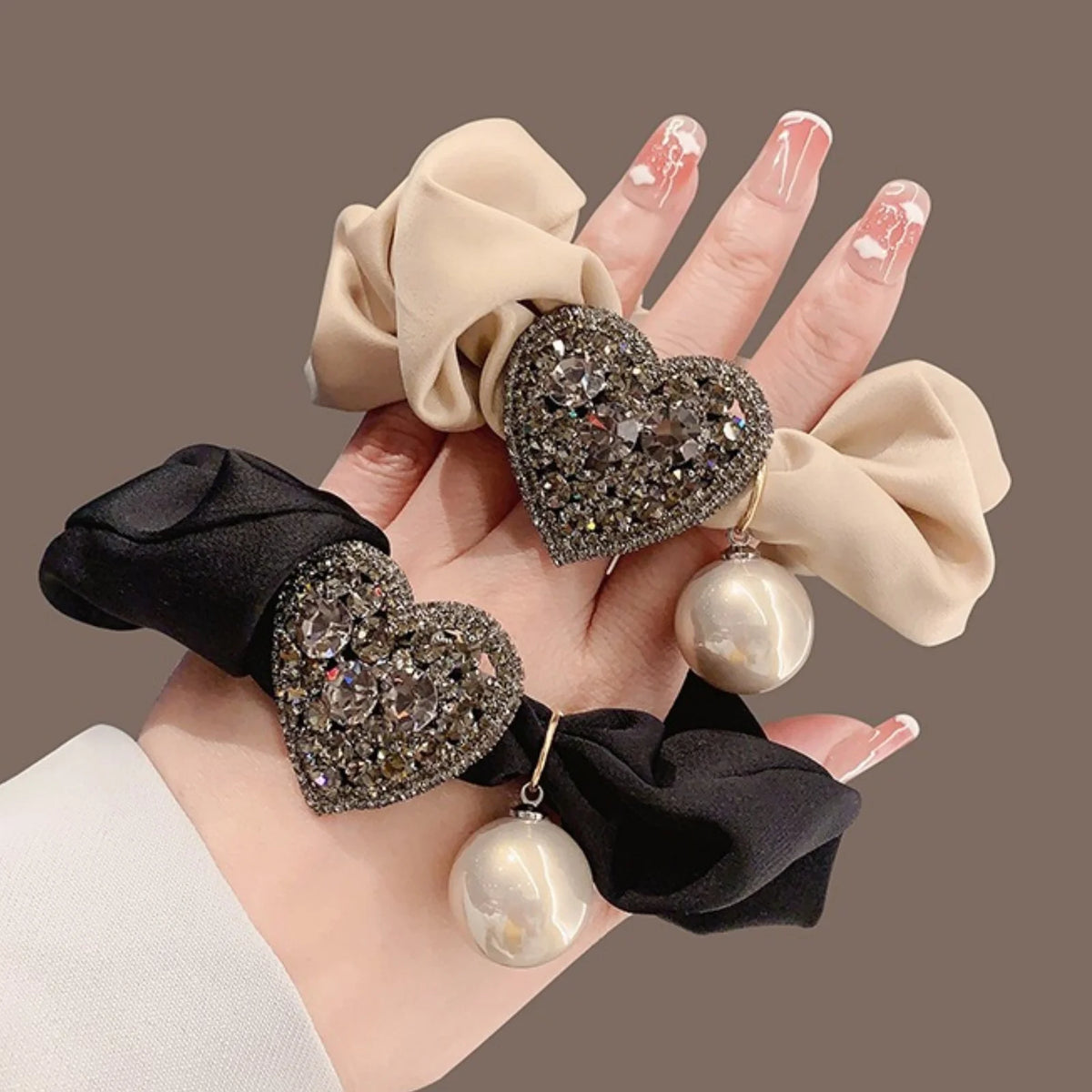Sparkly Heart Scrunchie – Rhinestone & Pearl Hair Tie | SWANS Hair Scrunchie SWANS