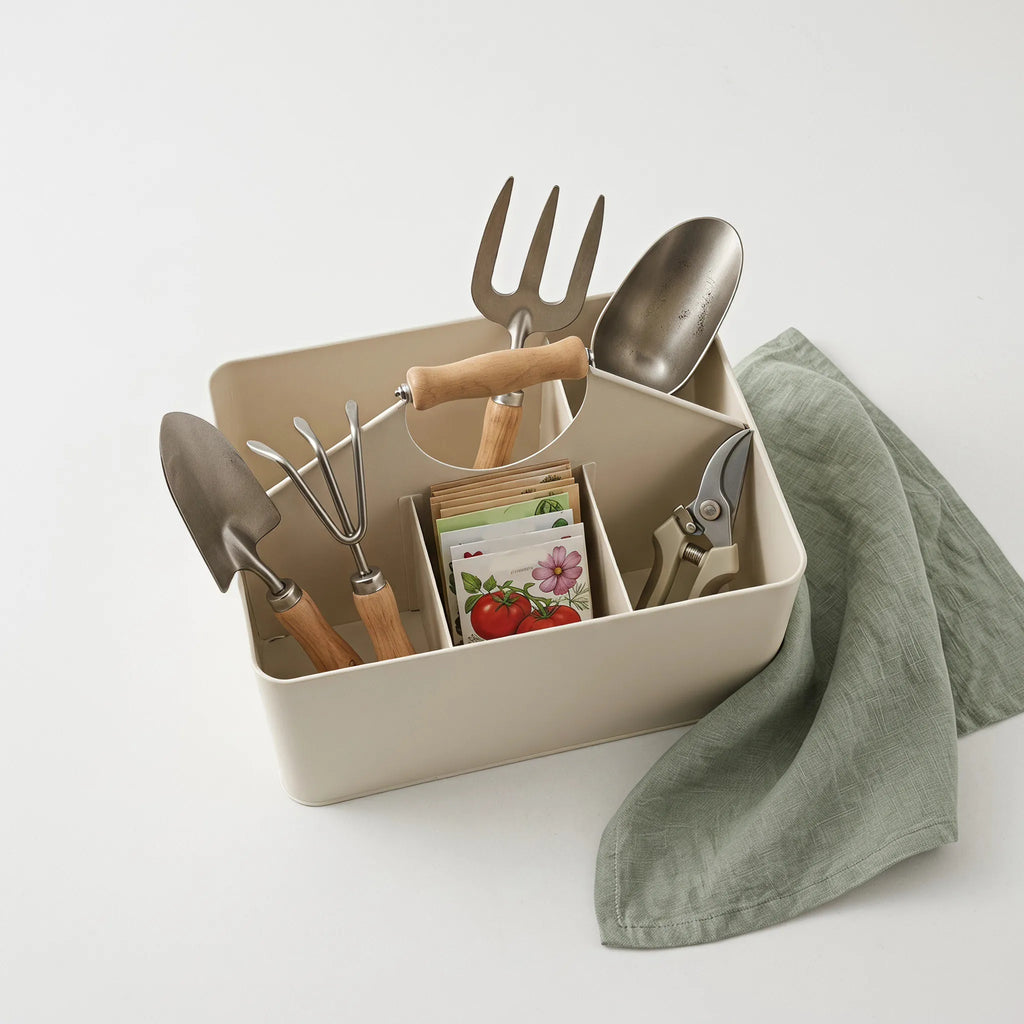 4-Compartment Garden Seed & Tool Storage Caddy – White Garden Storage Caddy SWANS