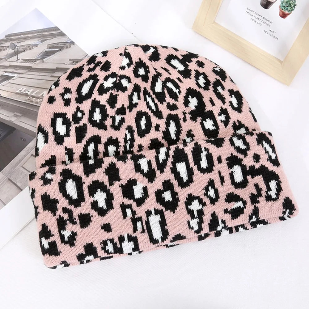 Y2K Leopard Knit Skullcap – Unisex Brimless Beanie Hat Knit Beanie Hat SWANS Pink