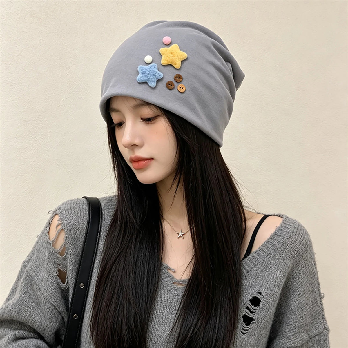 3D Star Slouchy Beanie for Women – Warm Knit Winter Hat Knit Winter Beanie SWANS grey elastic
