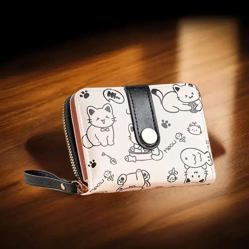 Lovely Cat PU Leather Folding Wallet – Women's Zipper Purse Folding Zipper Wallet SWANS