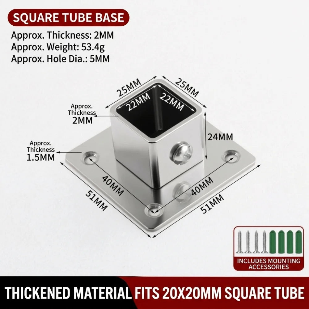 Stainless Steel Square Tube Connector Flange Base 20–40mm Tube Connector Bracket SWANS 1 40mm