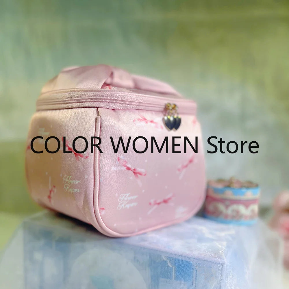Flower Knows Pink Print Genuine Leather Cosmetic Tote Bag Cosmetic Tote Bag SWANS