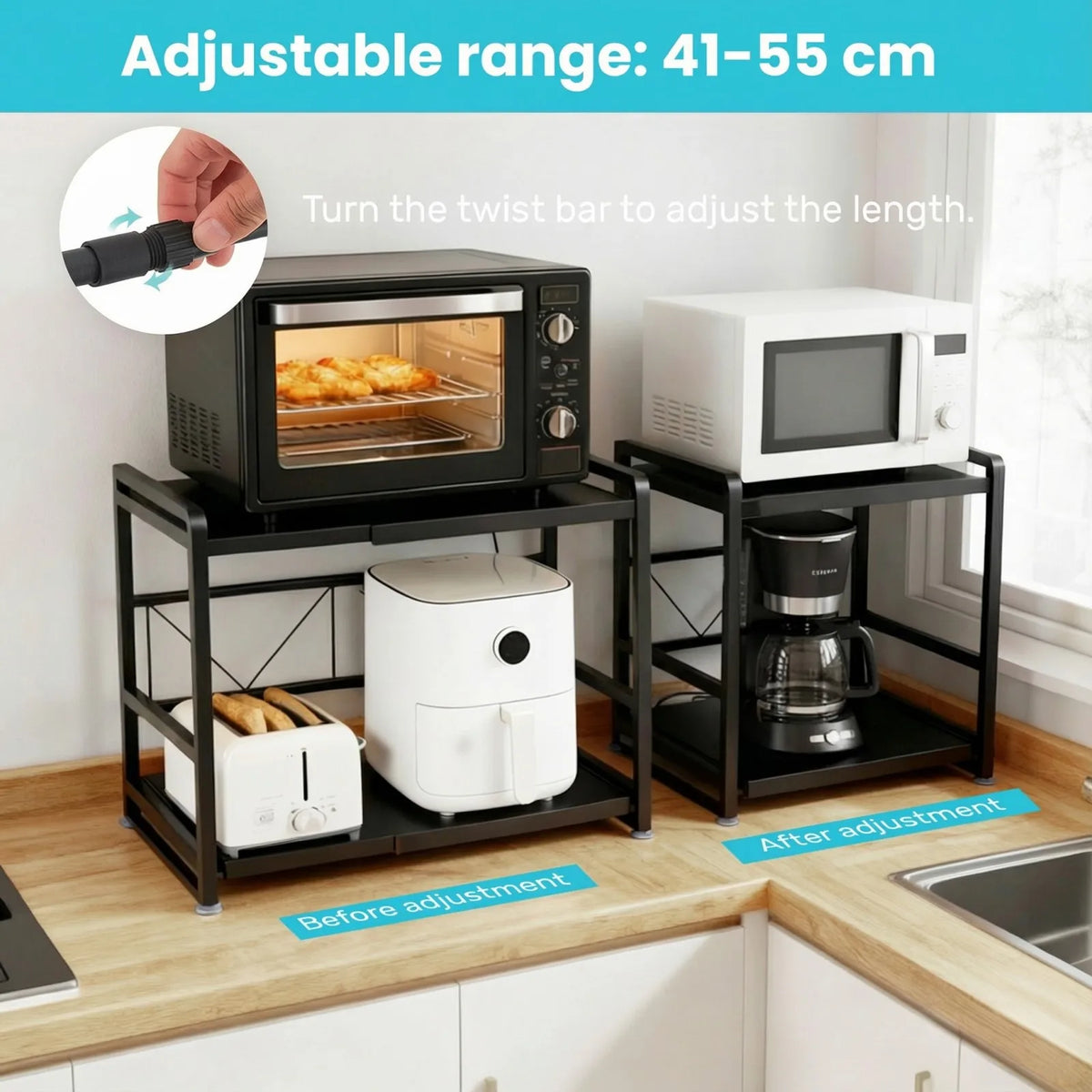 Expandable 2-Tier Microwave Rack Shelf with Hooks & Suction Cups Kitchen Shelf Rack SWANS