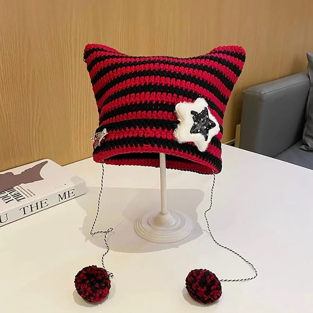 Y2K Knitted Beanie Hat – Pointed Ears Striped Star Devil Knitted Beanie Hat SWANS black-red