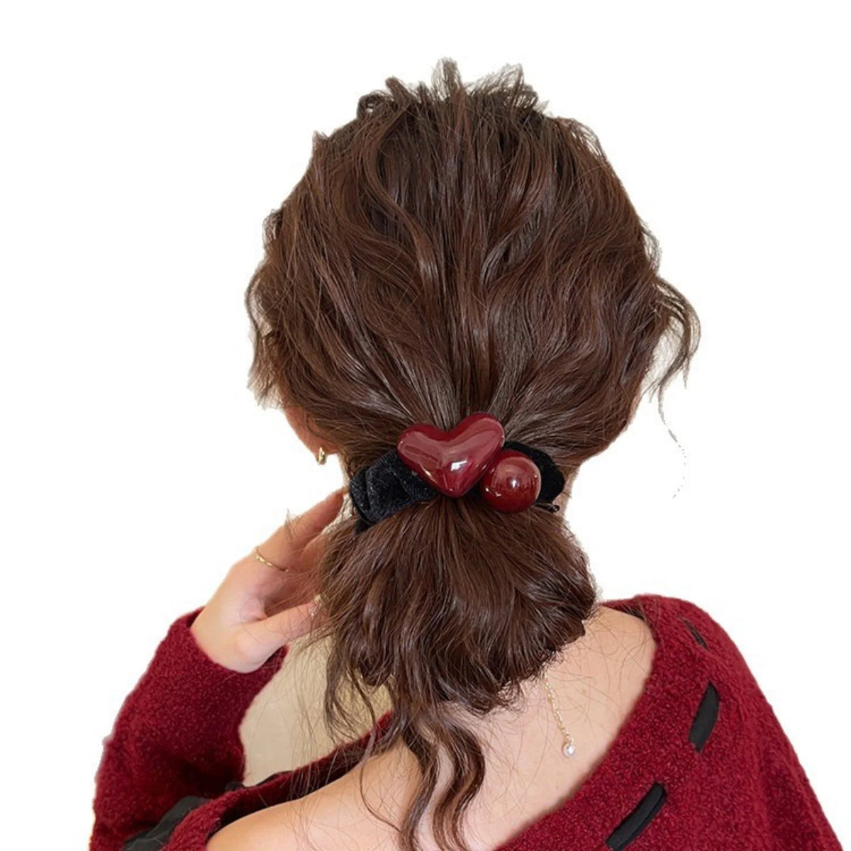 Velvet Heart Scrunchie – Black & Burgundy Retro Hair Tie Velvet Hair Scrunchie SWANS