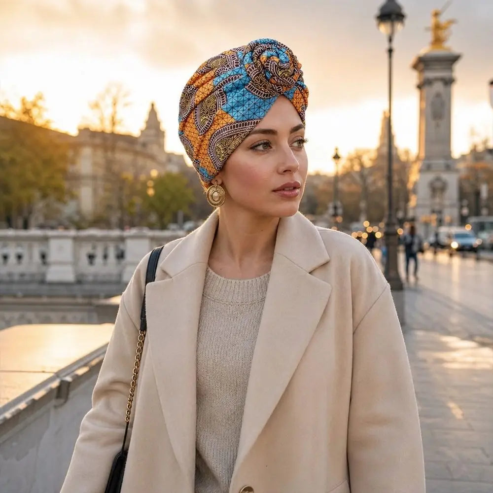 African Print Hijab Cap – Pleated Knotted Head Wrap | All Seasons Hijab Head Wrap SWANS