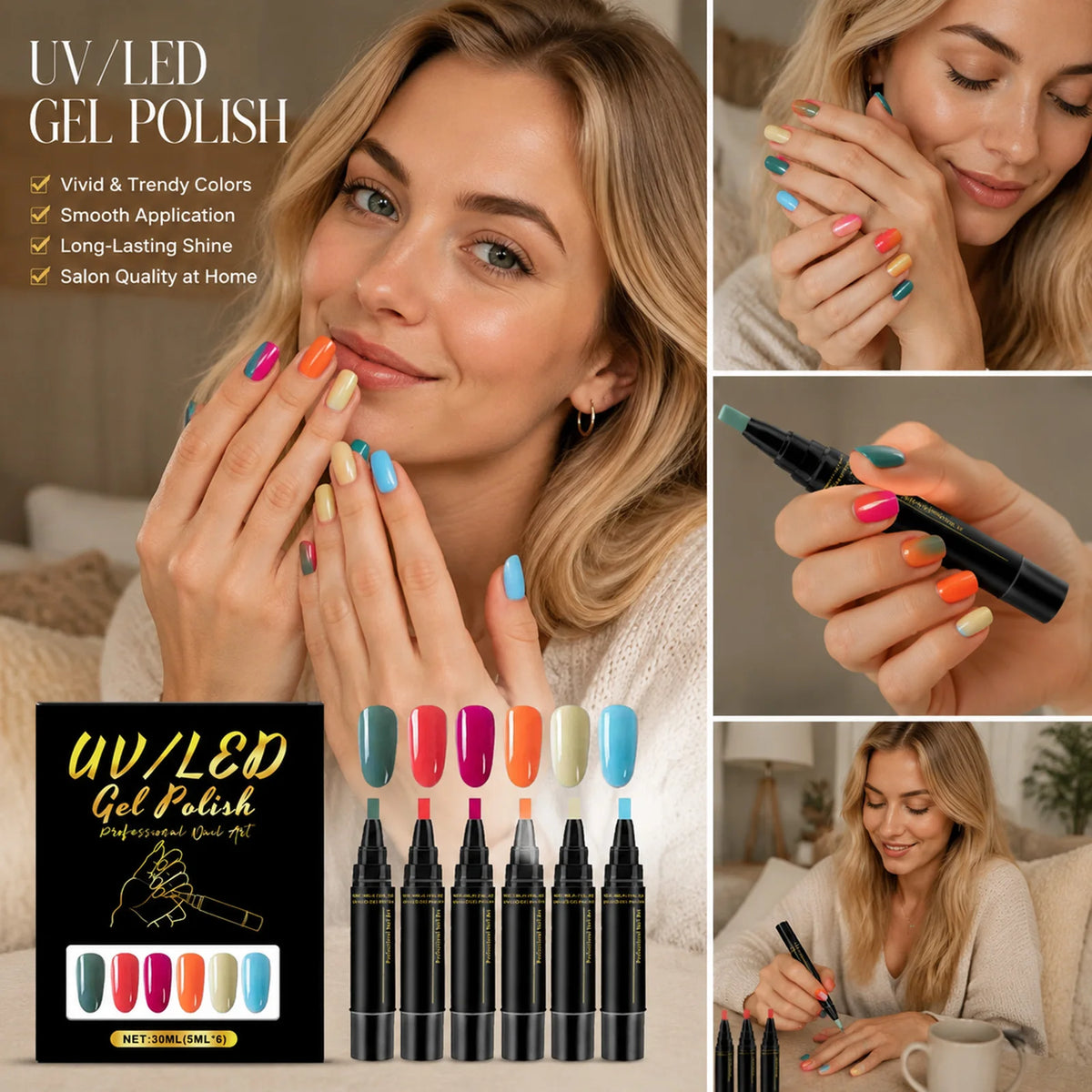 6-Color UV LED Gel Nail Polish Pen Set – DIY Manicure Kit Gel Nail Polish Set SWANS