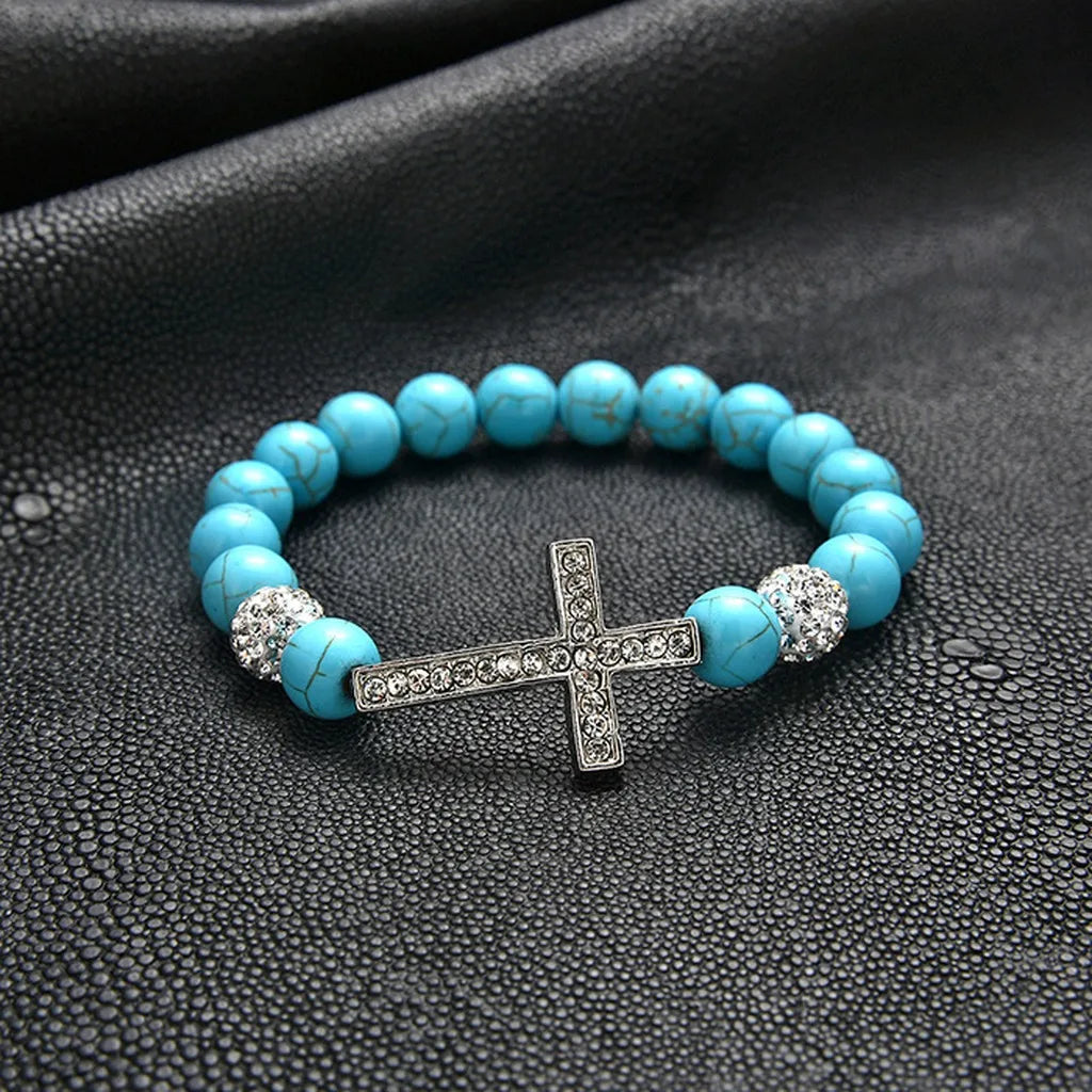 Turquoise Elastic Bead Bracelet – Unisex Rhinestone Cross Charm Bead Bracelet SWANS