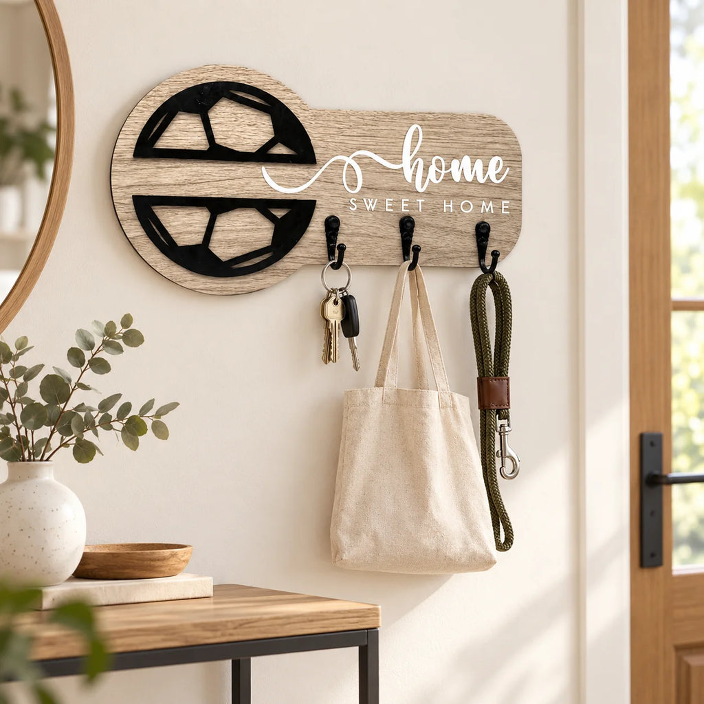 SWANS Wooden Key Holder Wall Rack – 3 Hooks Key-Shaped Decor Wall Key Rack SWANS