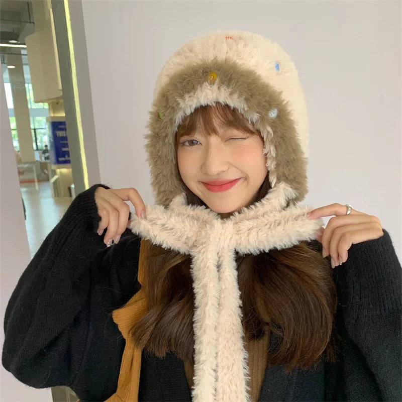 Women's Winter Plush Ear Flap Beanie – Faux Fur Knit Cap Winter Beanie Hat SWANS beige One Size