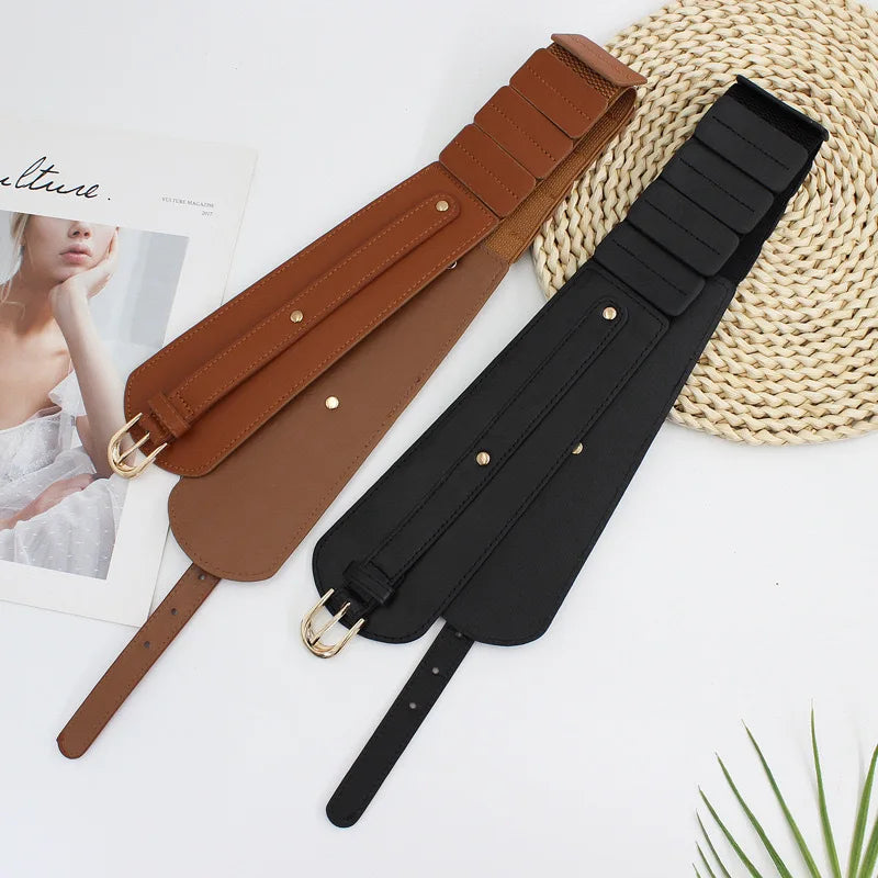 Women's PU Leather Wide Corset Belt – Elastic Waist Cincher Wide Corset Belt SWANS
