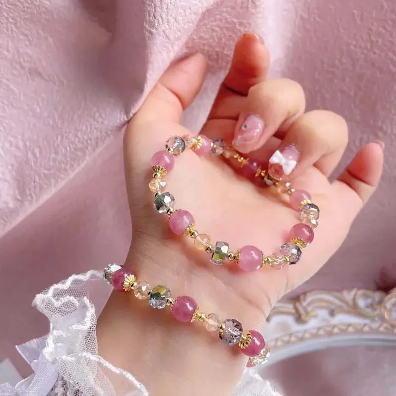 Natural Strawberry Crystal Beaded Bracelet – Pink Elastic Bangle Crystal Beaded Bracelet SWANS