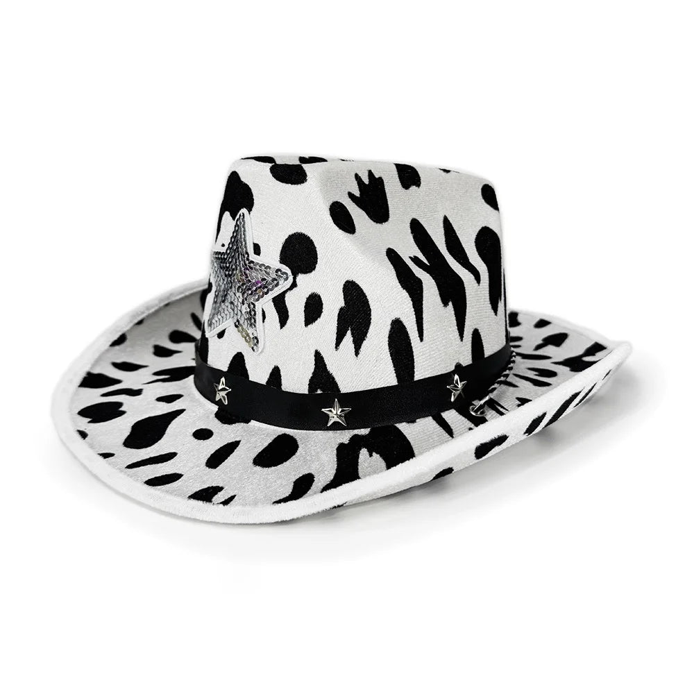Animal Print Punk Cowboy Hat – Cow Print & Star Rivets Costume Cowboy Hat SWANS